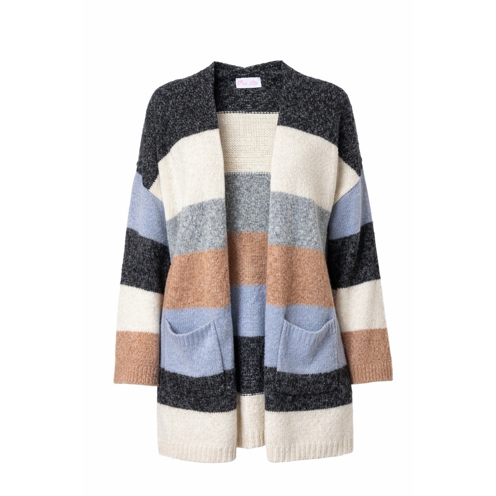 Pink Lily Women's Cardigan Small Colorblock Blue Gray‎ Tan Open Front Cozy